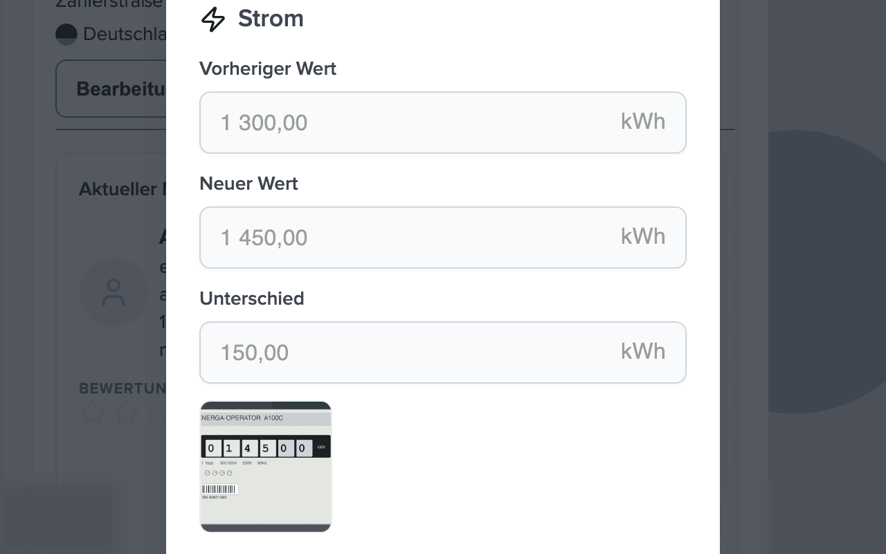Dialog zur Bestätigung der Ablesung: vorheriger Wert 1.300 kWh, neuer Wert 1.450 kWh, Differenz 150 kWh, Vorschaubild vom Zähler