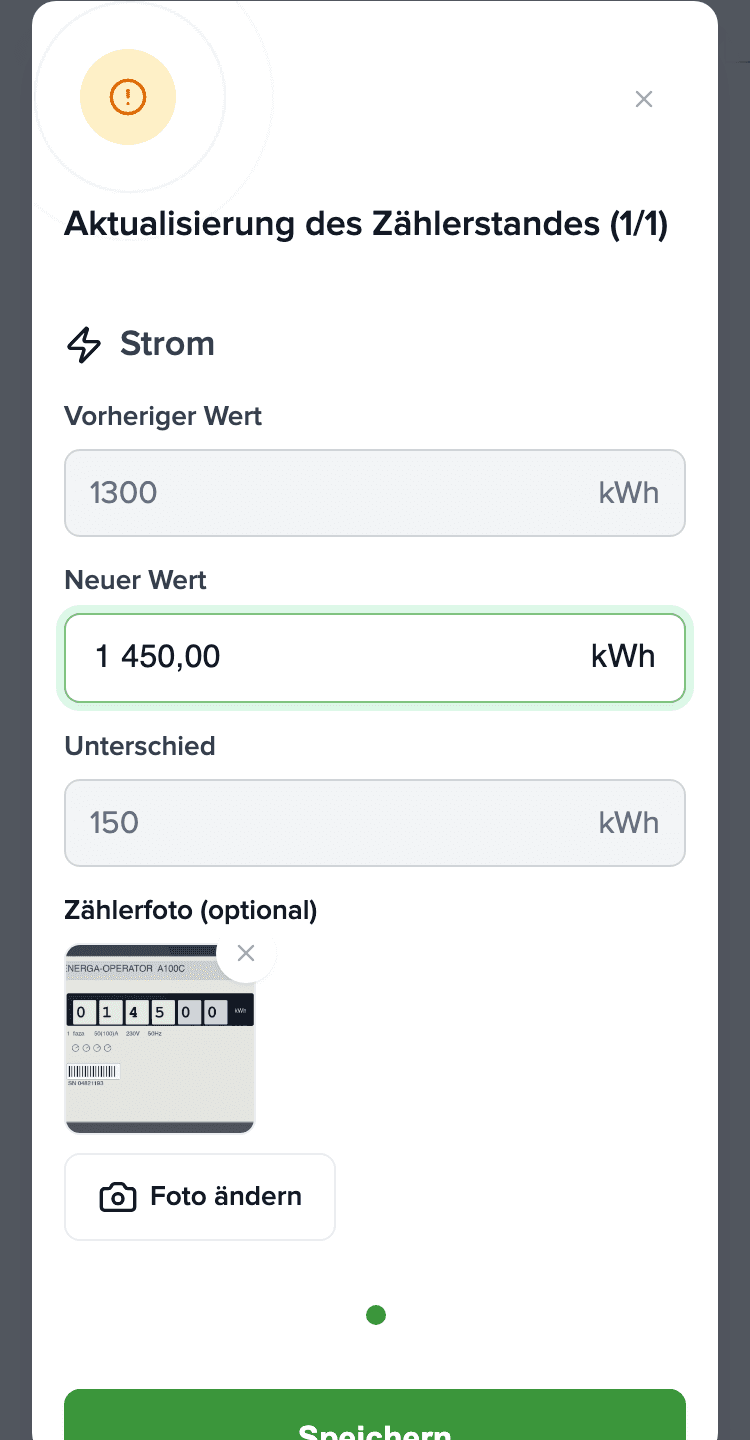 Dialog zur Zählerablesung auf dem Handy: Strom, neuer Wert 1.450 kWh, Zählerfoto hinzugefügt