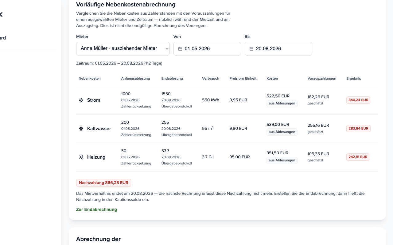Panel Vorläufige Nebenkostenabrechnung: drei Medien mit Ablesungen, Kosten und Abschlägen, Ergebnis Nachzahlung 866,23 € und Link zur Endabrechnung