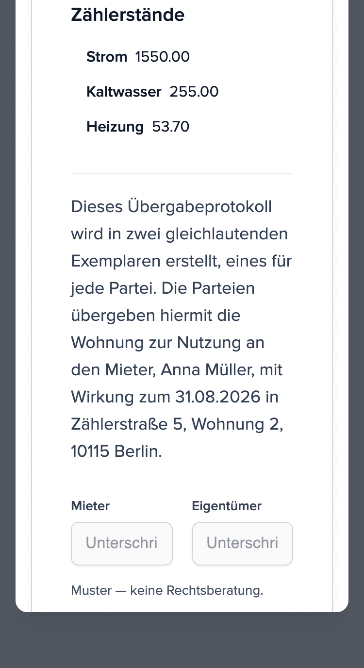 Übergabeprotokoll auf dem Handy: Abschnitt Zählerstände (Strom, Kaltwasser, Heizung) und leere Unterschriftsfelder für Mieter und Eigentümer