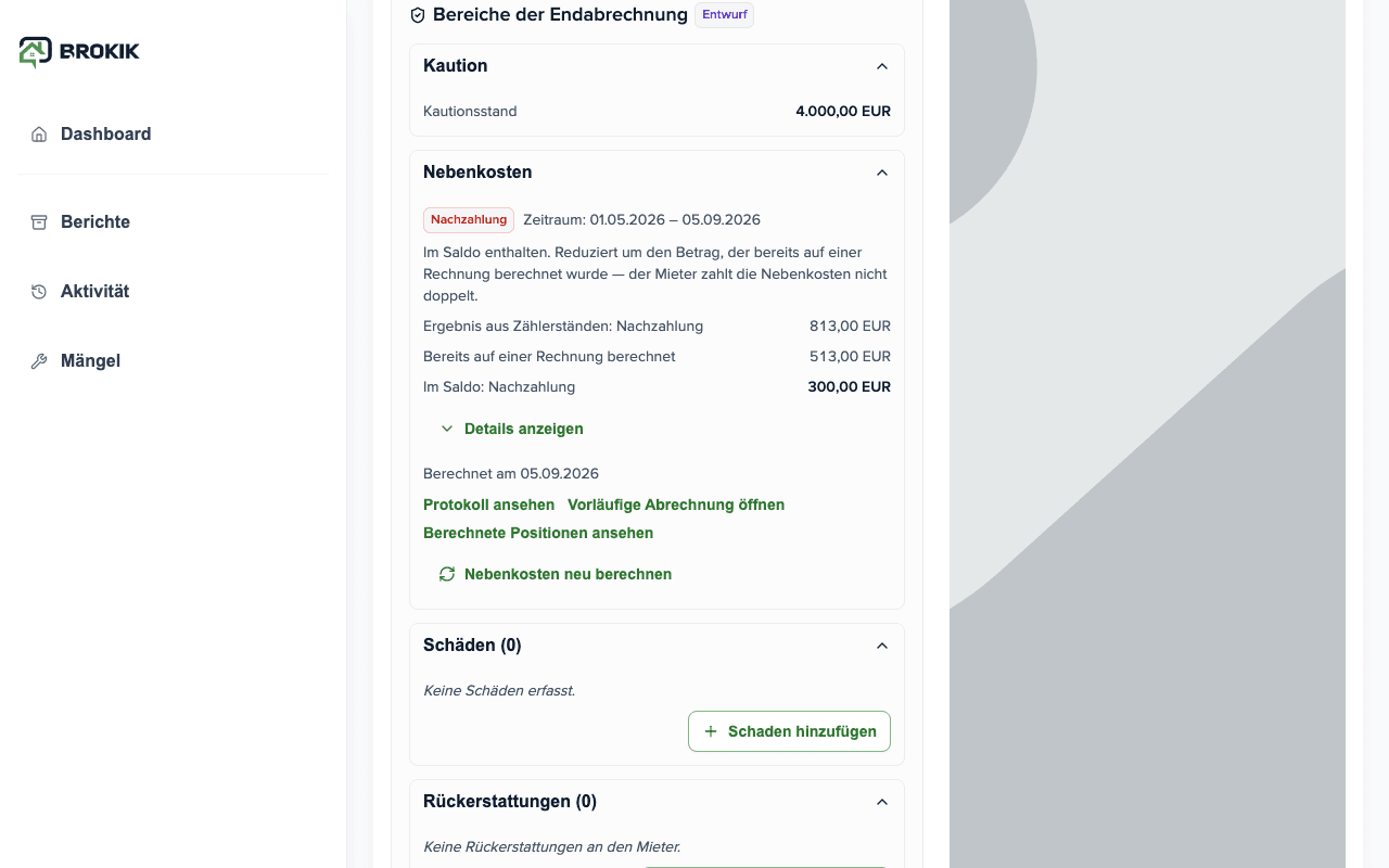 Abschnitt Nebenkosten in der Endabrechnung: Nachzahlung, Ergebnis aus Ablesungen 813,00 €, bereits auf Rechnung berechnet 513,00 €, Nachzahlung im Saldo 300,00 €