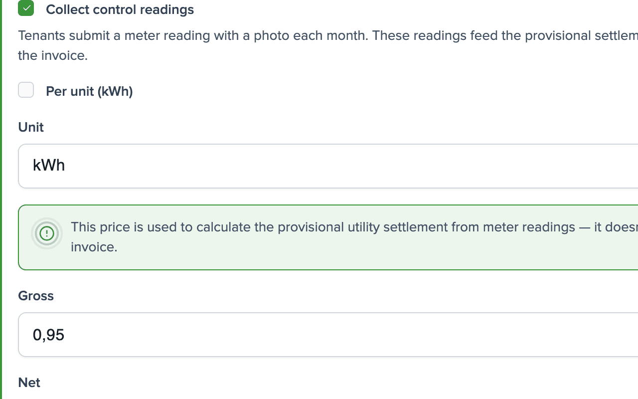 Electricity utility settings: control readings on, unit kWh, price 0.95 GBP gross per kWh