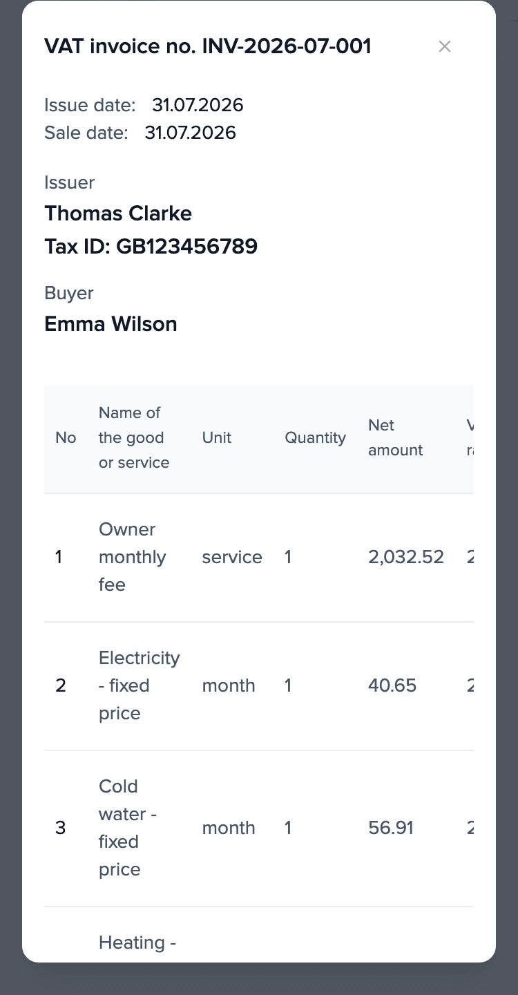 Tenant invoice with line items: rent and electricity advance