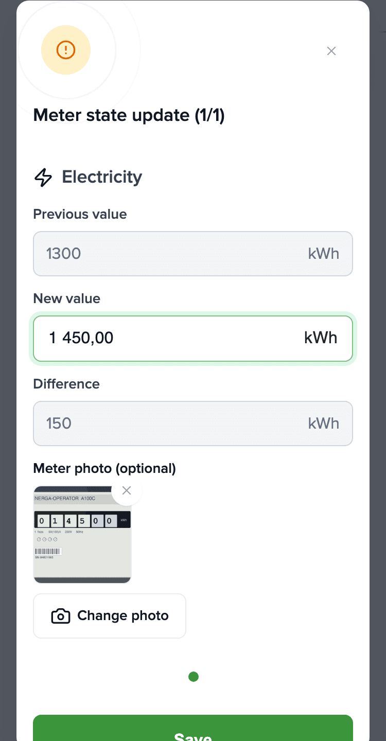 Meter reading dialog on phone: Electricity, new value 1,450 kWh, meter photo added