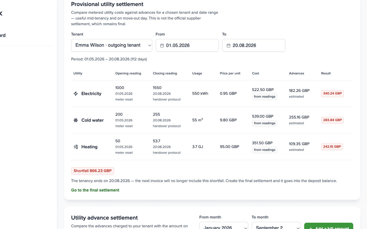 Provisional utility settlement panel: three utilities with readings, cost and advances, result Underpayment 866.23 GBP and a link to the final settlement