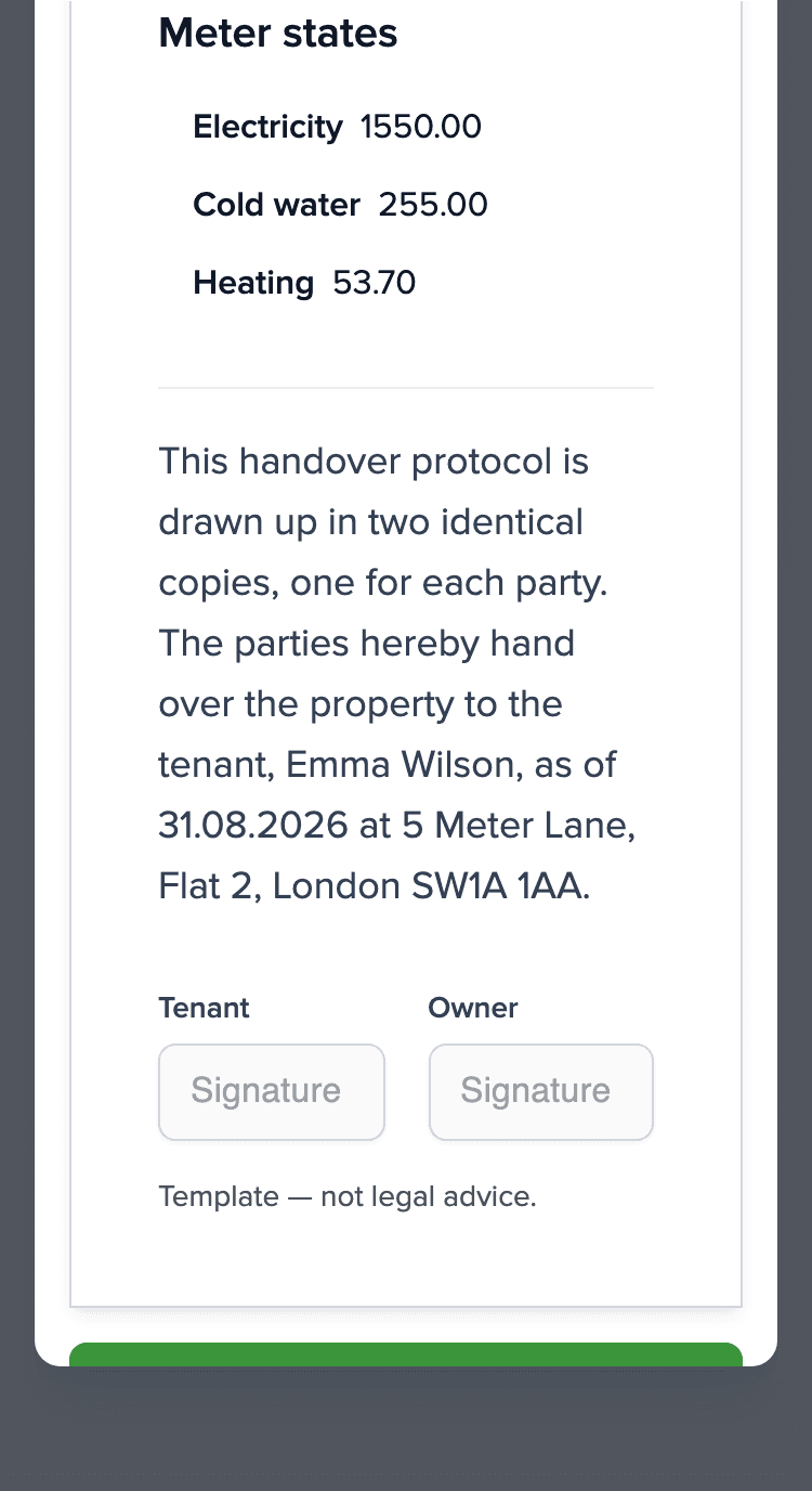 Handover protocol on phone: Meter states section (electricity, cold water, heating) and empty signature fields for tenant and owner