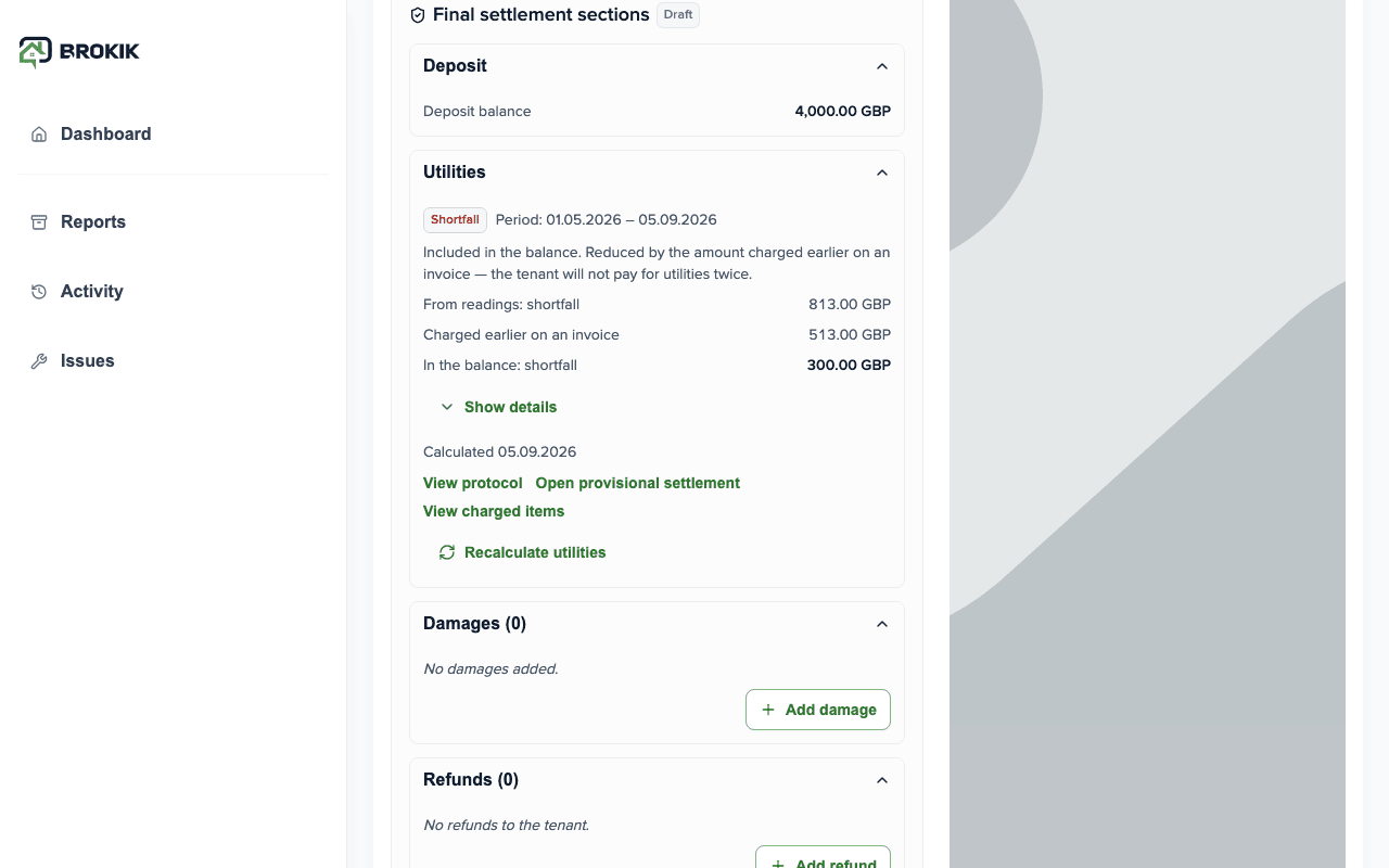 Utilities section in the final settlement: Underpayment, result from readings 813.00 GBP, already added on invoice 513.00 GBP, underpayment in balance 300.00 GBP