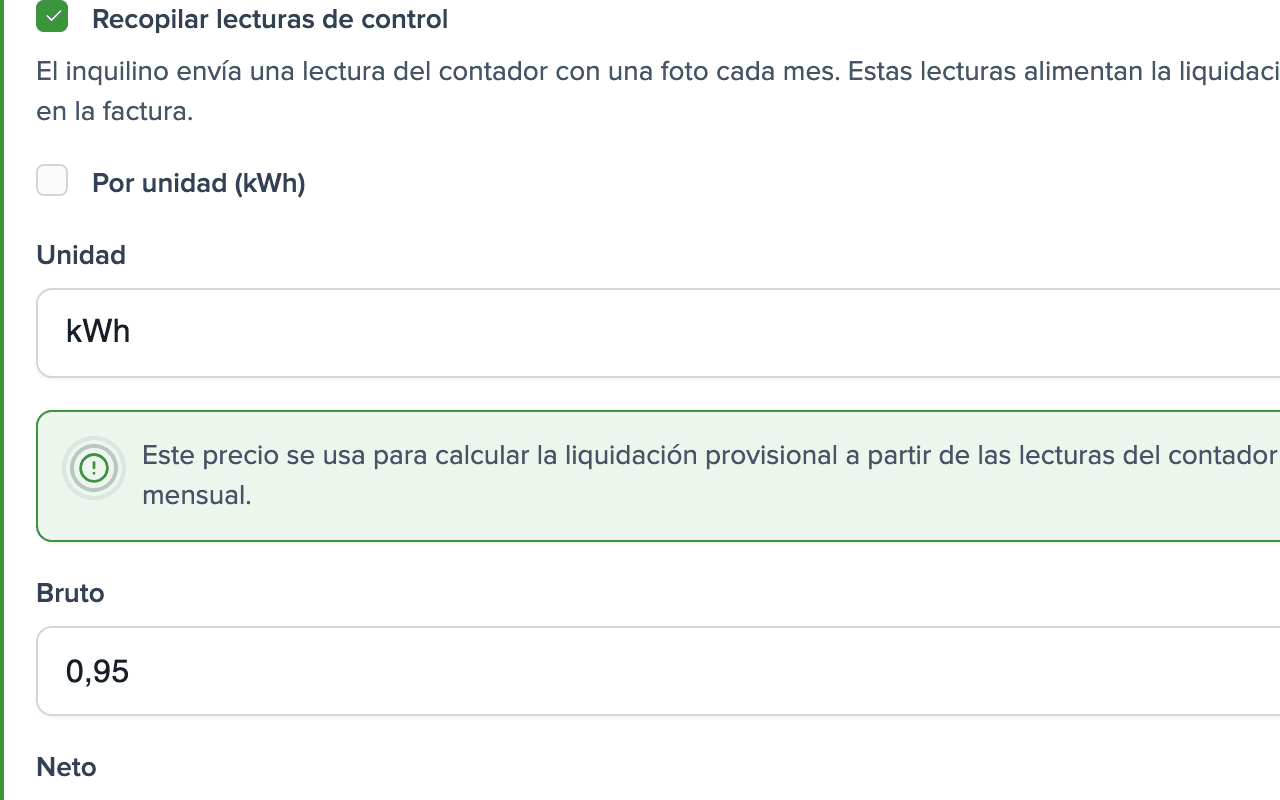 Ajustes del suministro Electricidad: lecturas de control activadas, unidad kWh, precio 0,95 € con impuestos por kWh