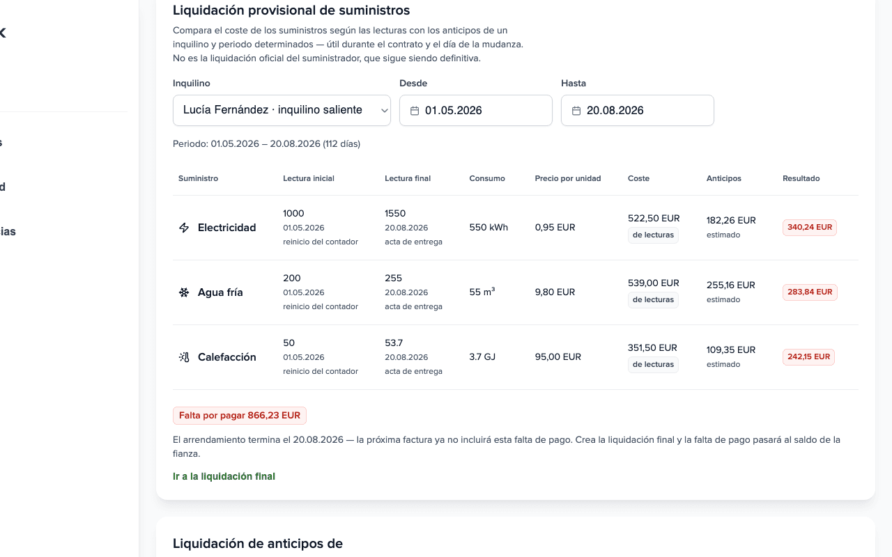 Panel Liquidación provisional de suministros: tres suministros con lecturas, coste y anticipos, resultado Pago pendiente 866,23 € y enlace a la liquidación final