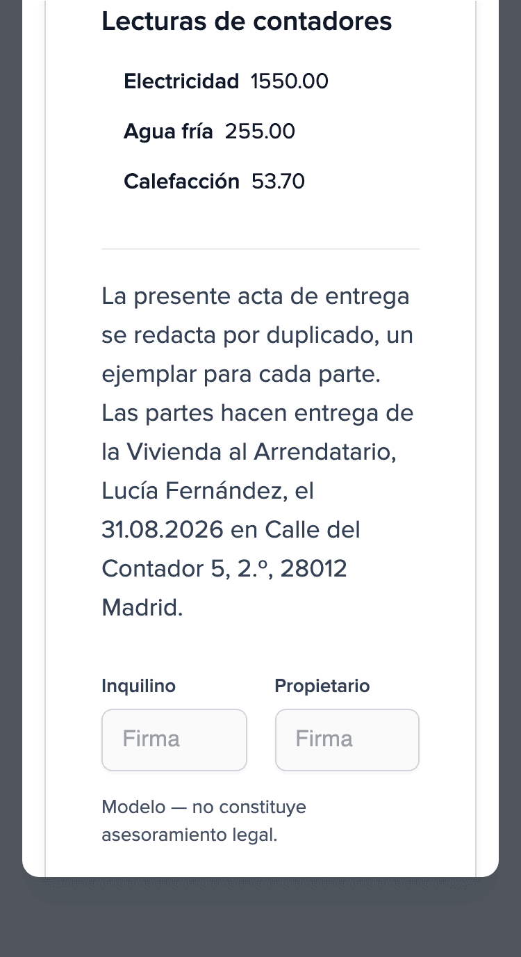 Protocolo de entrega en el móvil: sección Lecturas de contadores (electricidad, agua fría, calefacción) y campos de firma vacíos para inquilino y propietario