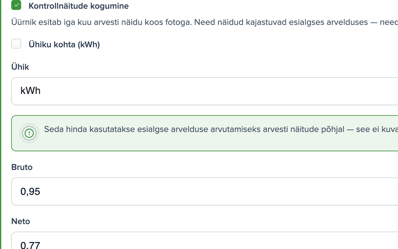 Teenuse Elekter seaded: sisse lülitatud kontrollnäidud, ühik kWh, hind 0,95 € koos käibemaksuga kWh kohta