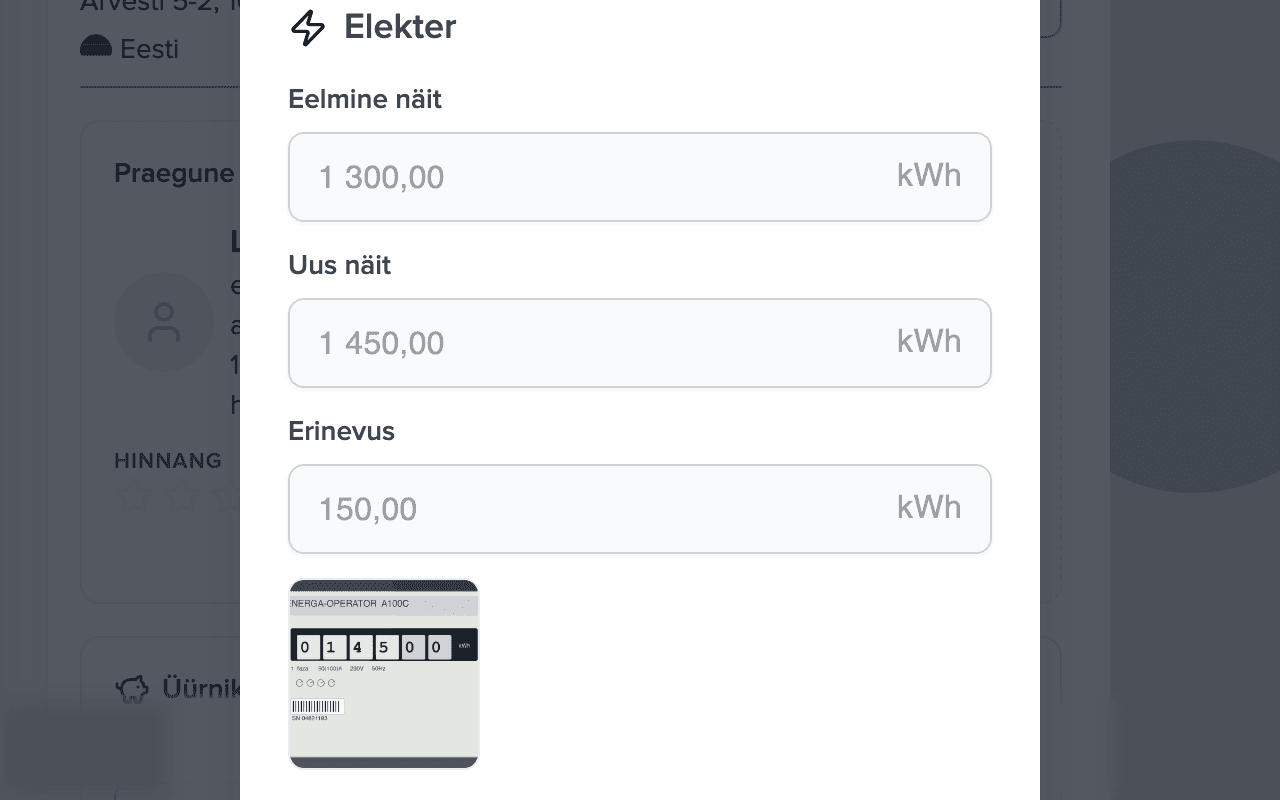 Näidu kinnitamise dialoog: eelmine väärtus 1300 kWh, uus 1450 kWh, vahe 150 kWh, mõõdiku foto pisipilt