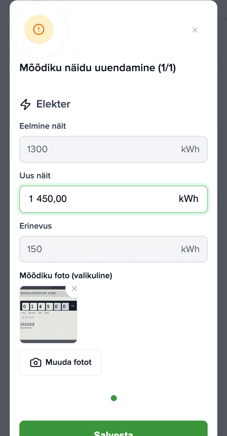 Mõõdiku näidu dialoog telefonis: Elekter, uus väärtus 1450 kWh, lisatud mõõdiku foto