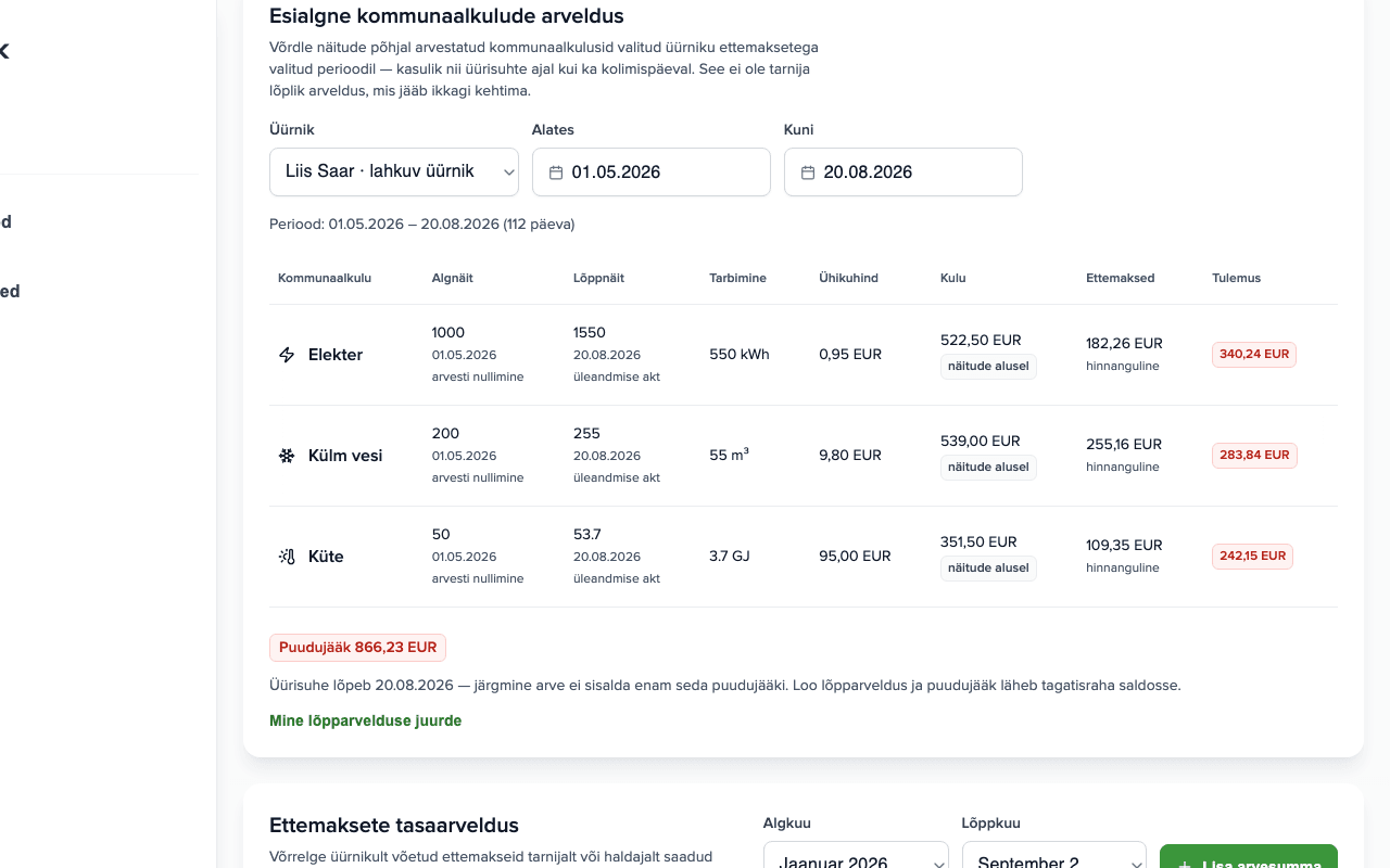 Paneel Esialgne kommunaalide tasaarvestus: kolm teenust näitude, kuluga ja ettemaksetega, tulemus Juurdemakse 866,23 € ja link lõplikule tasaarvestusele