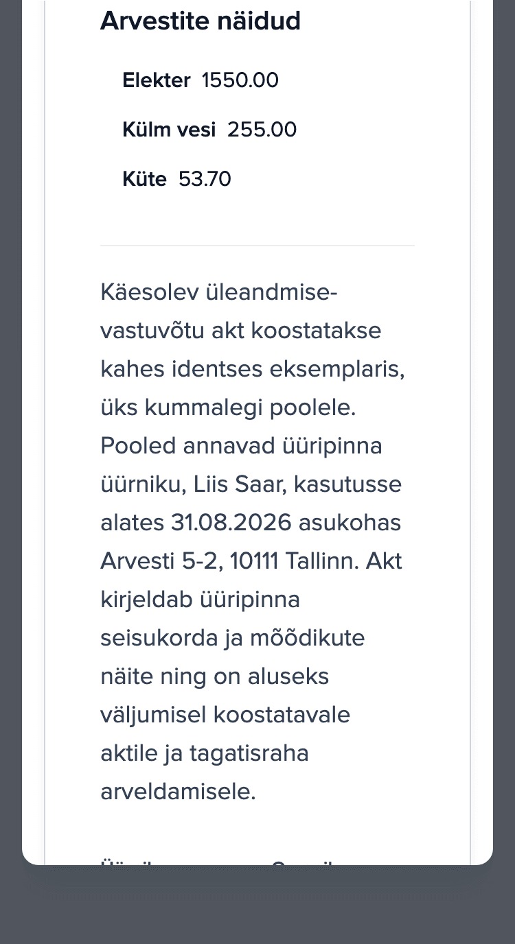 Üleandmisprotokoll telefonis: jaotis Arvestite näidud (elekter, külm vesi, küte) ning tühjad üürniku ja omaniku allkirjaväljad