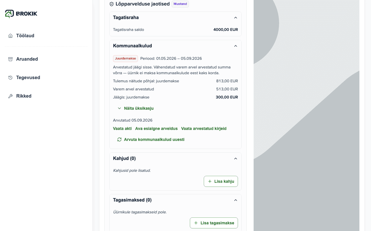 Jaotis Kommunaalid lõplikus tasaarvestuses: Juurdemakse, näitude tulemus 813,00 €, varem arvele lisatud 513,00 €, jäägis juurdemakse 300,00 €