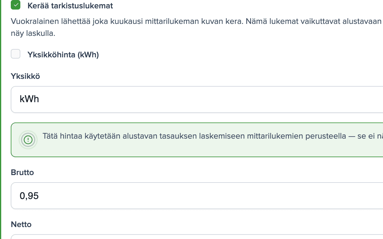 Hyödykkeen Sähkö asetukset: kontrollilukemat käytössä, yksikkö kWh, hinta 0,95 € sis. ALV kWh:lta