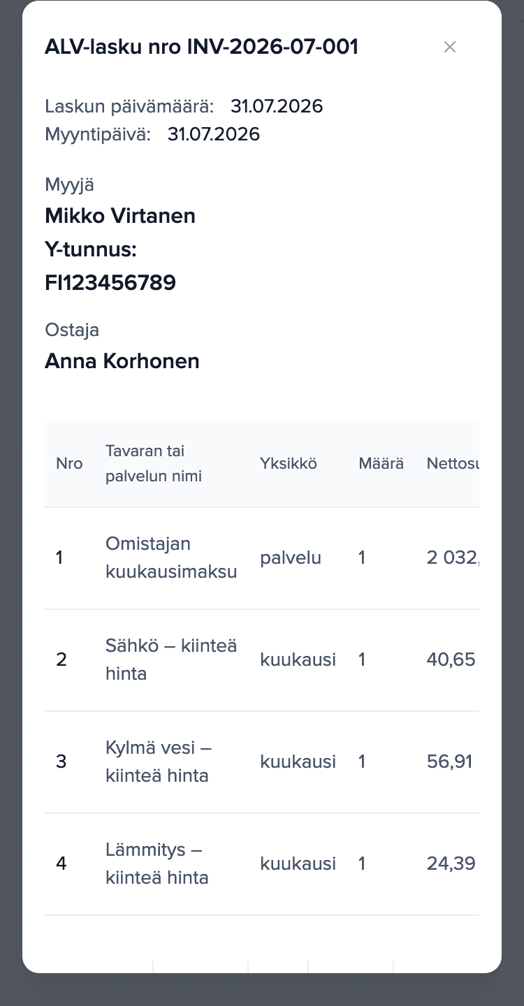 Vuokralaisen lasku eriteltynä: vuokra ja ennakkomaksu sähköstä