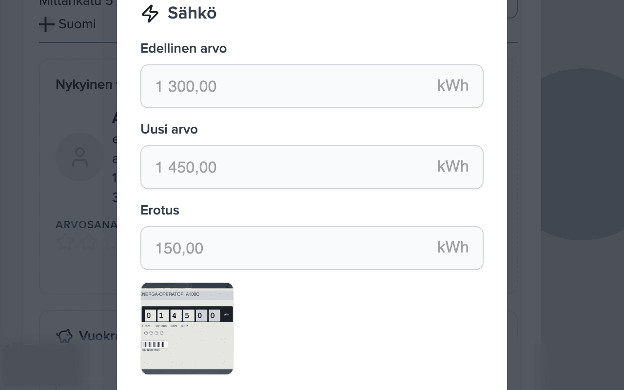Lukeman hyväksymisikkuna: edellinen arvo 1 300 kWh, uusi 1 450 kWh, erotus 150 kWh, mittarikuvan pienoiskuva