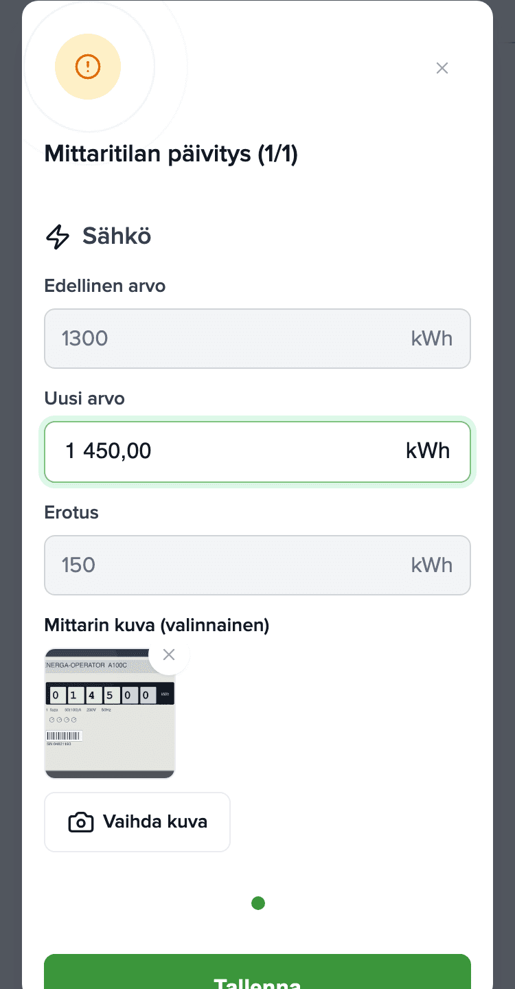 Mittarilukeman ikkuna puhelimessa: Sähkö, uusi arvo 1 450 kWh, lisätty mittarikuva