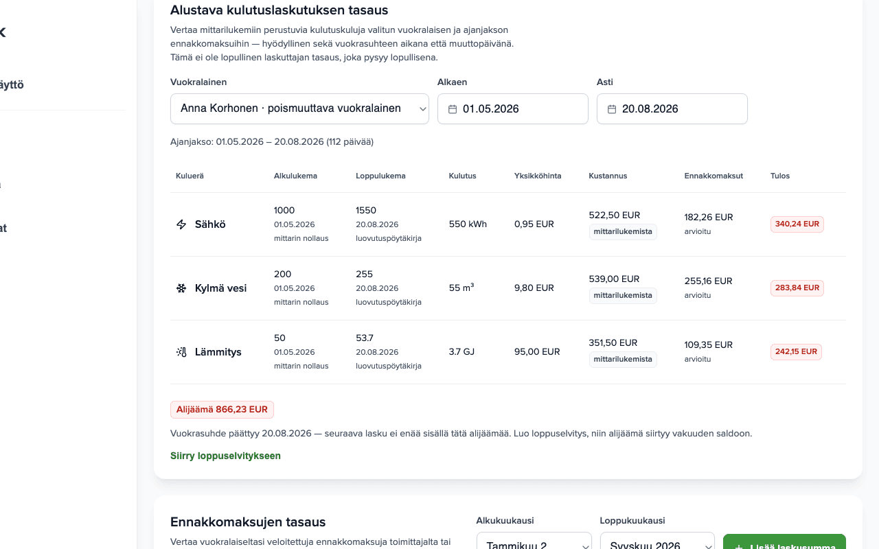 Paneeli Alustava kulutuksen tasaus: kolme hyödykettä lukemineen, kustannuksineen ja ennakkomaksuineen, tulos Lisäveloitus 866,23 € ja linkki lopulliseen tasaukseen
