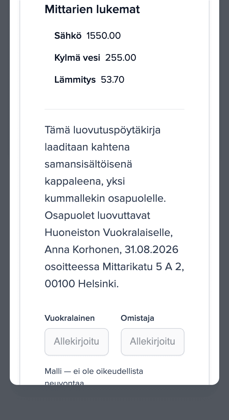 Luovutuspöytäkirja puhelimessa: osio Mittarien lukemat (sähkö, kylmä vesi, lämmitys) ja tyhjät allekirjoituskentät vuokralaiselle ja vuokranantajalle