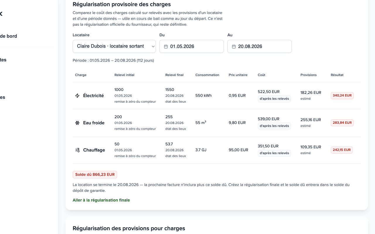 Panneau Régularisation provisoire des charges : trois fluides avec relevés, coût et provisions, résultat Complément 866,23 EUR et lien vers la régularisation finale
