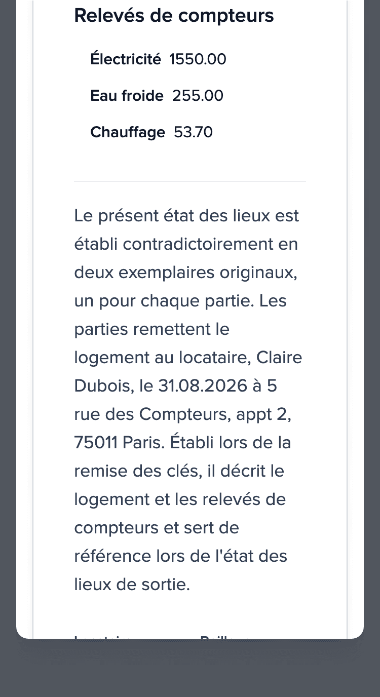 État des lieux sur téléphone : section Relevés de compteurs (électricité, eau froide, chauffage) et champs de signature vides pour le locataire et le propriétaire