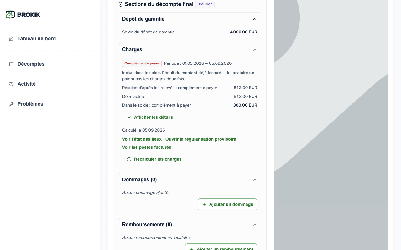 Section Charges dans la régularisation finale : Complément, résultat des relevés 813,00 EUR, déjà ajouté sur facture 513,00 EUR, complément dans le solde 300,00 EUR