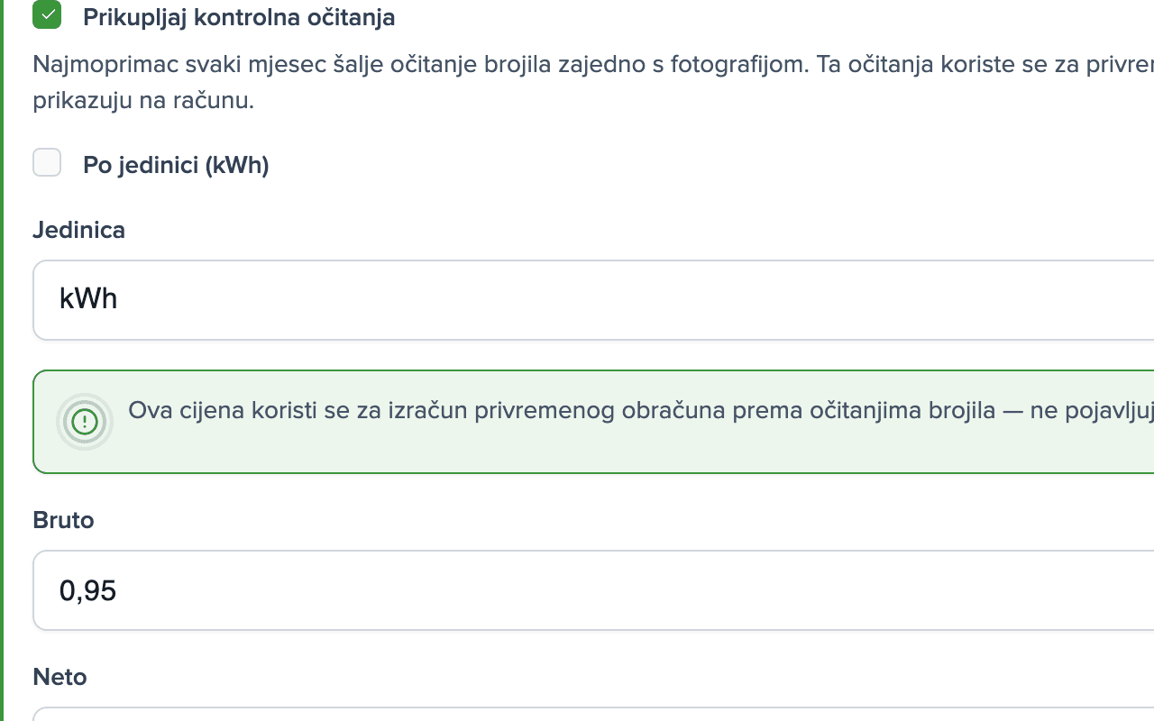 Postavke režije Struja: uključena kontrolna očitanja, jedinica kWh, cijena 0,95 EUR bruto za kWh