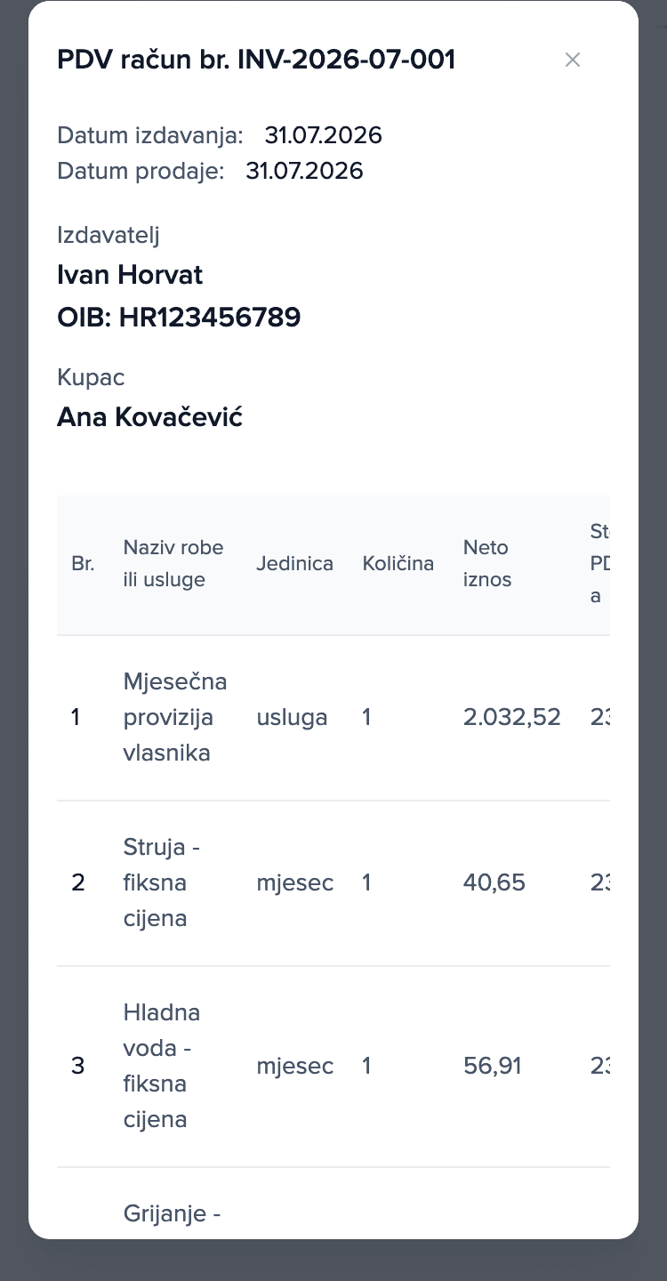 Račun najmoprimca sa stavkama: najamnina i akontacija za struju