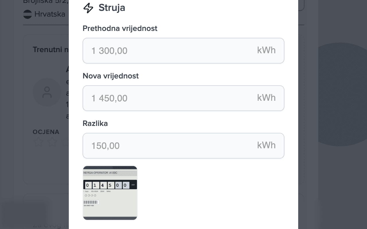 Dijalog odobravanja očitanja: prethodna vrijednost 1.300 kWh, nova 1.450 kWh, razlika 150 kWh, minijatura fotografije brojila