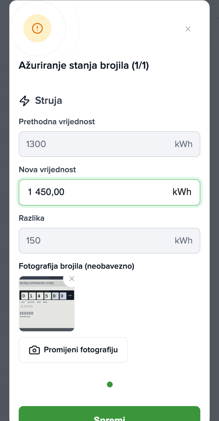 Dijalog očitanja brojila na telefonu: Struja, nova vrijednost 1.450 kWh, dodana fotografija brojila