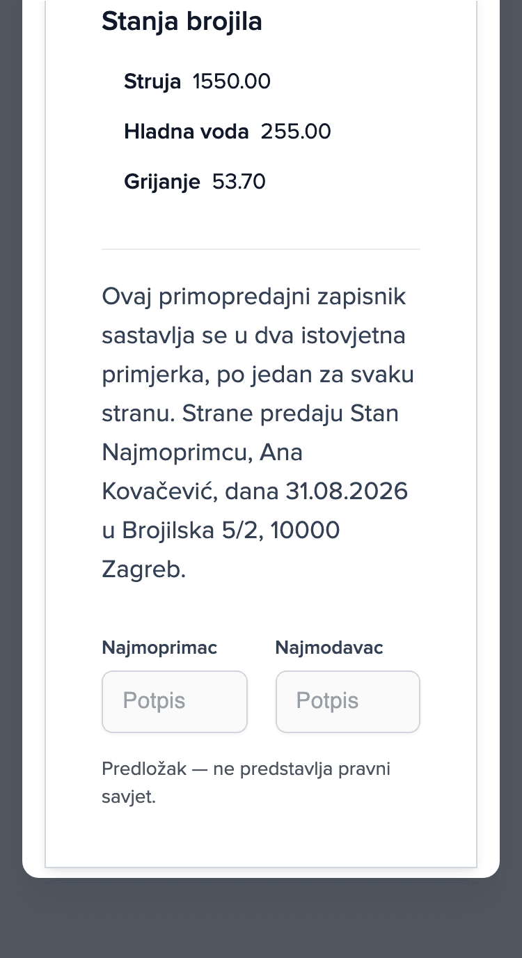 Primopredajni zapisnik na telefonu: odjeljak Stanja brojila (struja, hladna voda, grijanje) i prazna polja za potpis najmoprimca i vlasnika