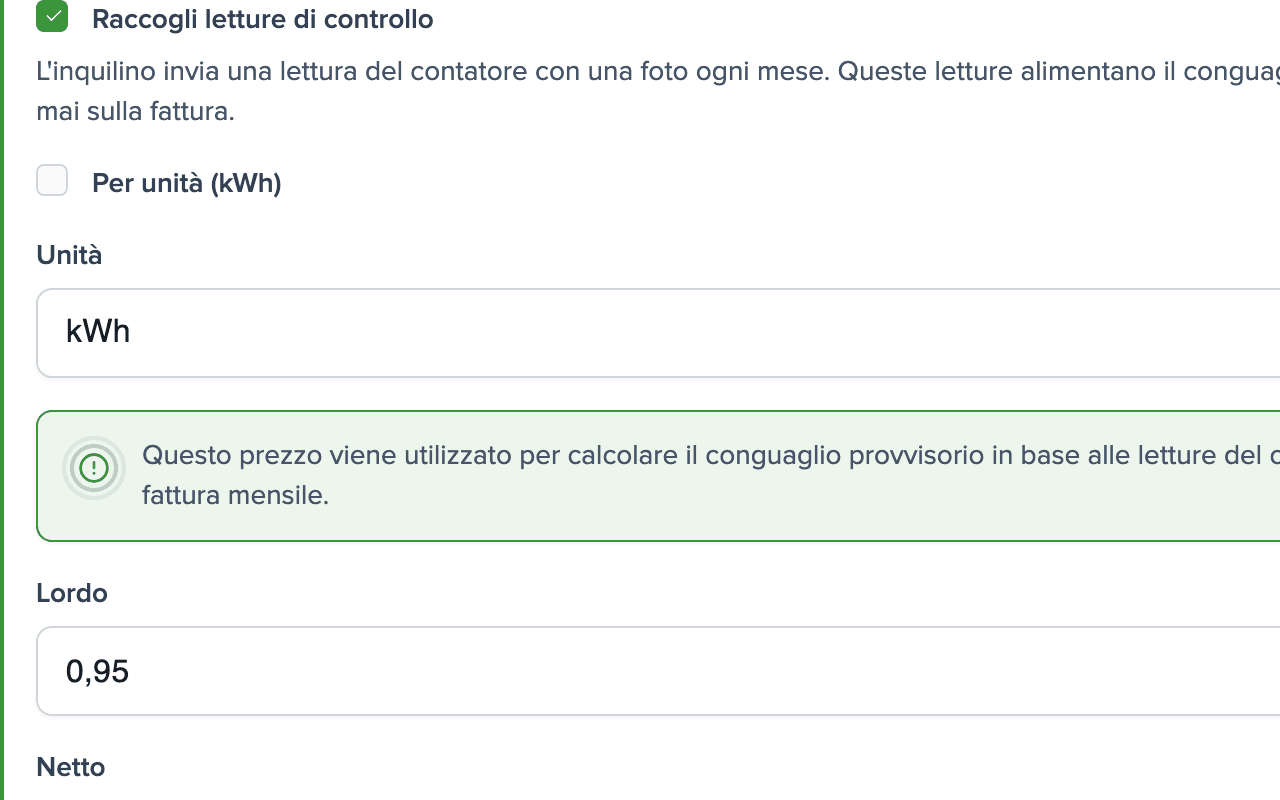 Impostazioni utenza Energia elettrica: letture di controllo attivate, unità kWh, prezzo 0,95 EUR lordo per kWh