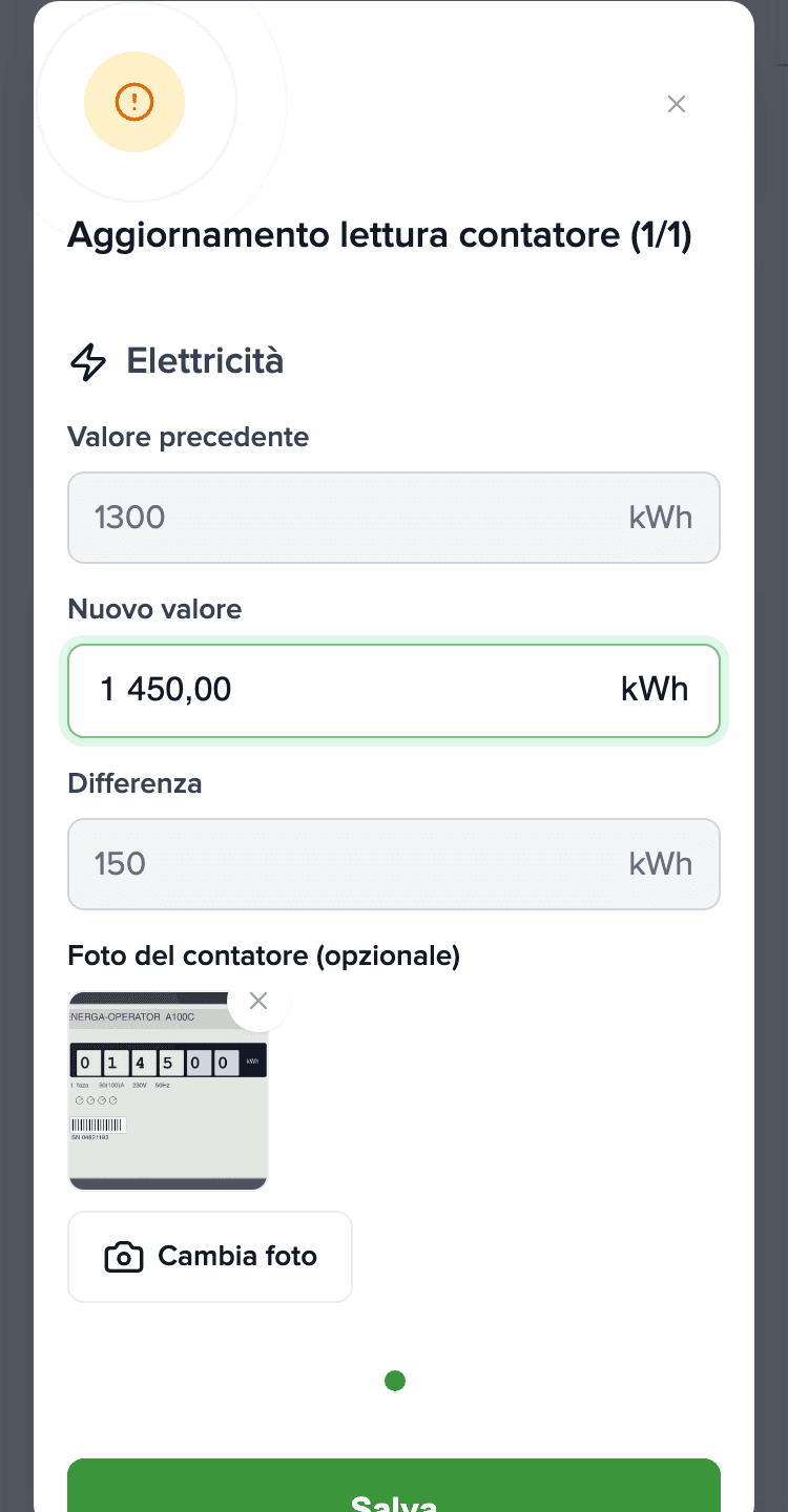 Finestra di lettura del contatore sul telefono: Energia elettrica, nuovo valore 1.450 kWh, foto del contatore aggiunta