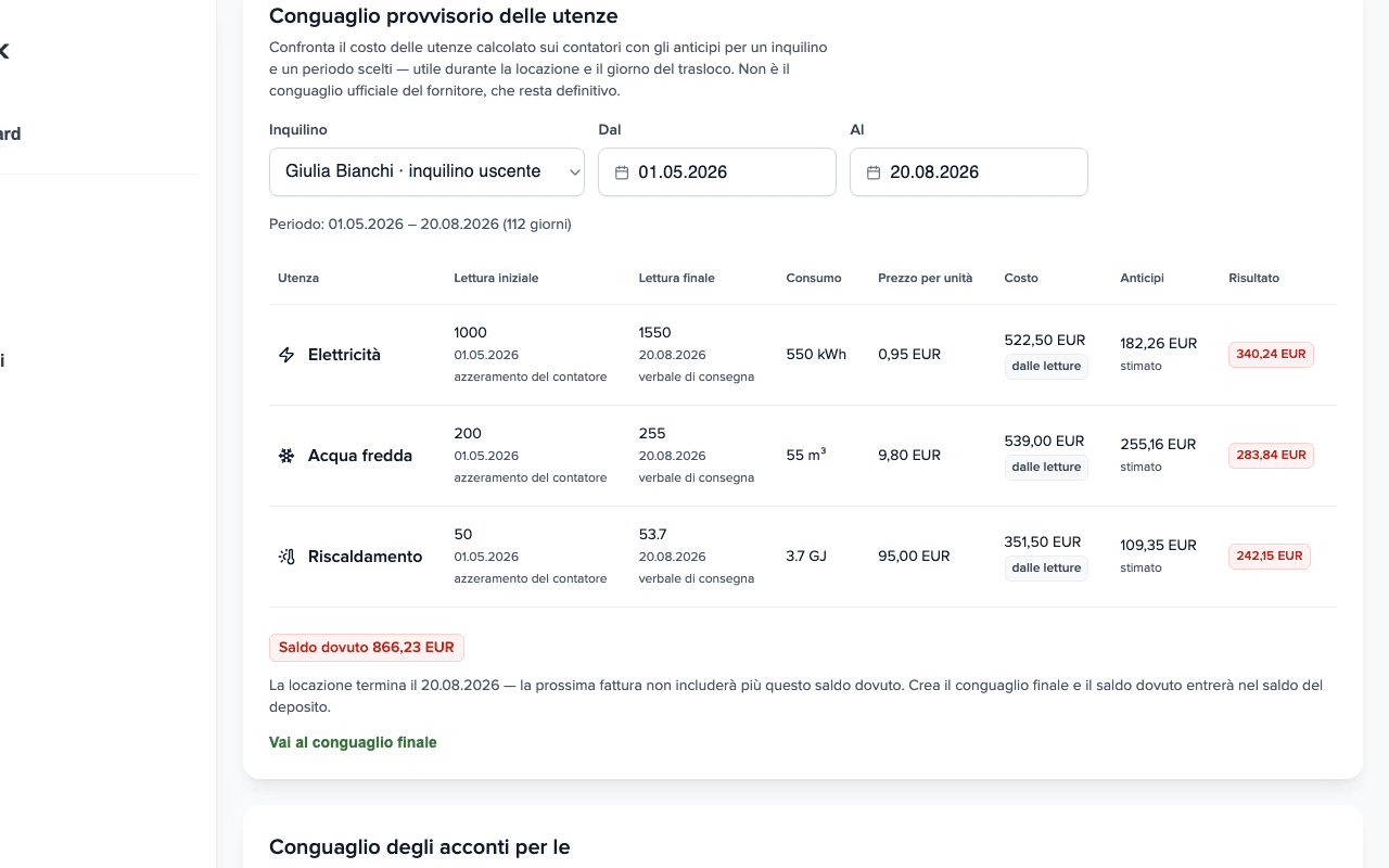 Pannello Conguaglio provvisorio delle utenze: tre utenze con letture, costo e acconti, risultato Conguaglio a debito 866,23 EUR e link al conguaglio finale