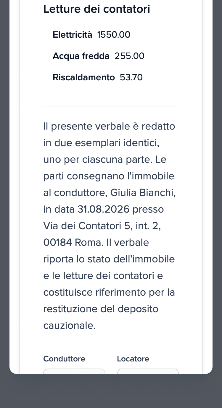 Verbale di consegna sul telefono: sezione Letture dei contatori (energia elettrica, acqua fredda, riscaldamento) e campi firma vuoti per inquilino e proprietario