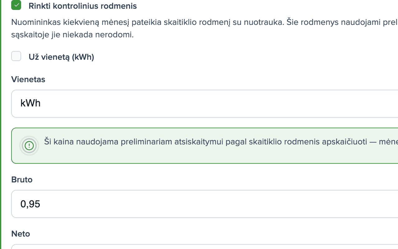 Paslaugos Elektra nustatymai: įjungti kontroliniai rodmenys, vienetas kWh, kaina 0,95 EUR bruto už kWh