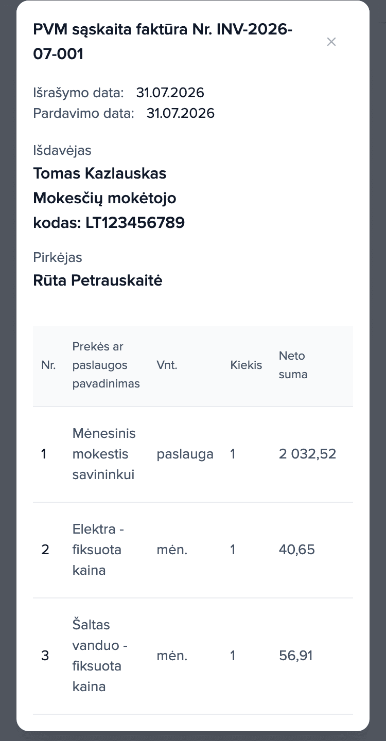 Nuomininko sąskaita su pozicijomis: nuoma ir avansas už elektrą