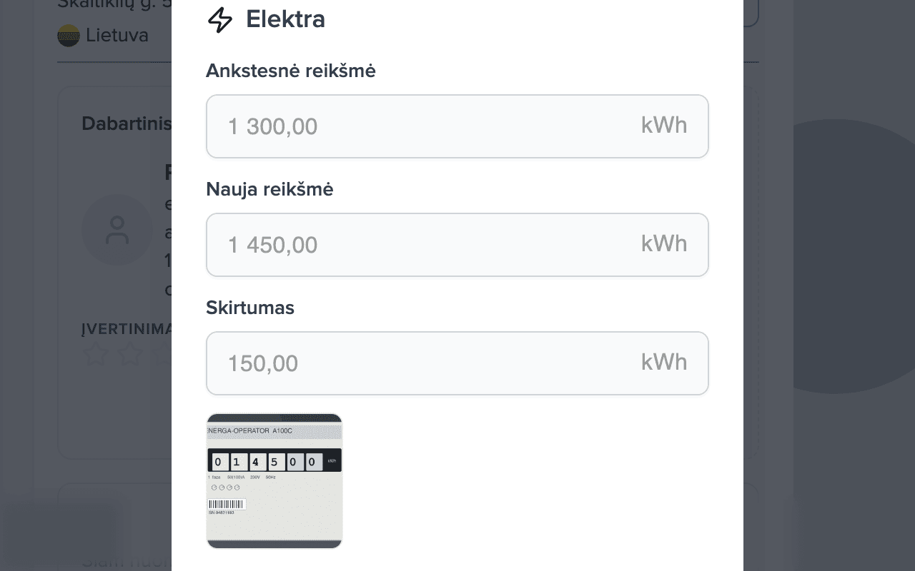 Rodmens patvirtinimo dialogas: ankstesnė reikšmė 1 300 kWh, nauja 1 450 kWh, skirtumas 150 kWh, skaitiklio nuotraukos miniatiūra