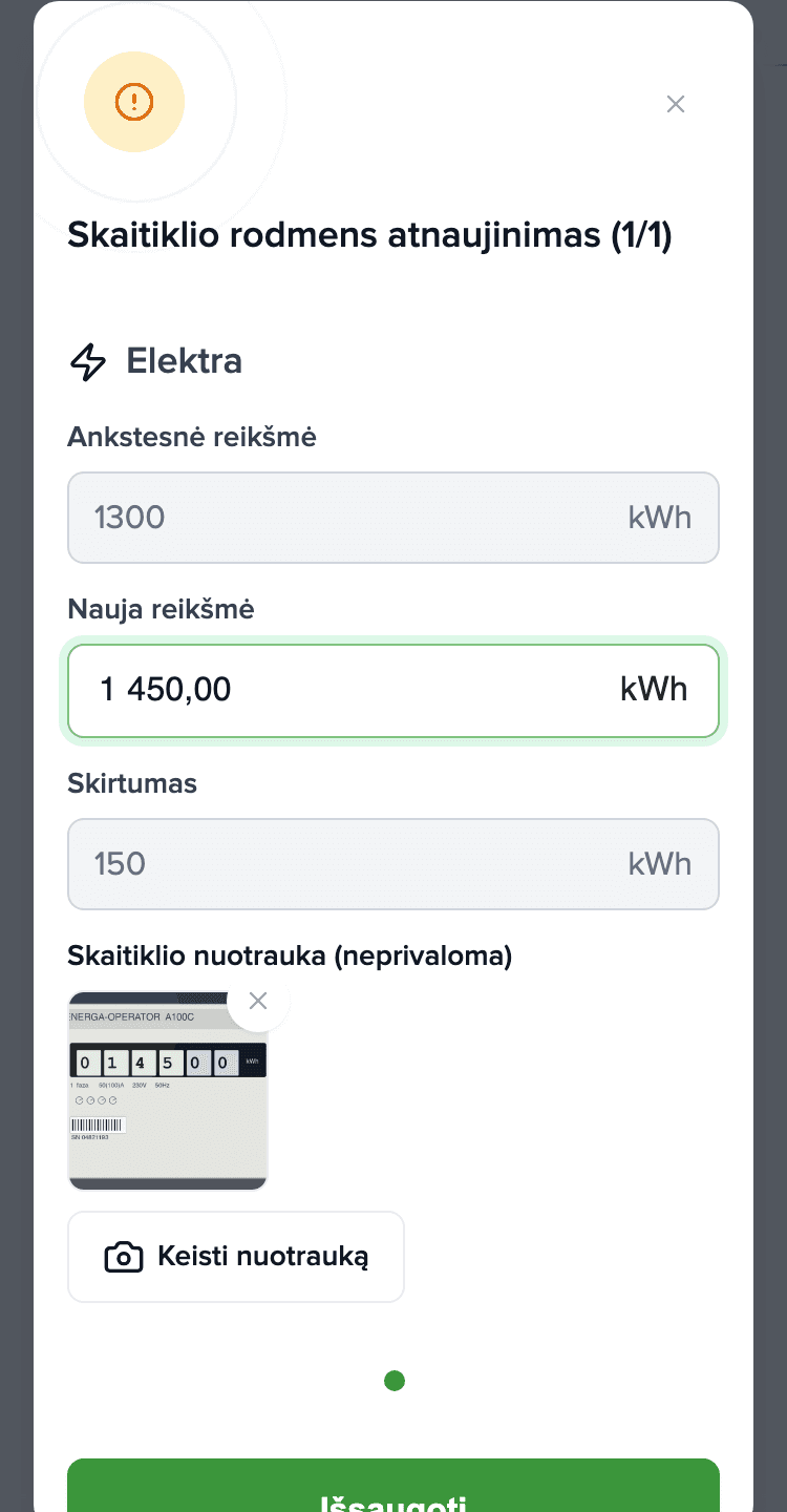 Skaitiklio rodmens dialogas telefone: Elektra, nauja reikšmė 1 450 kWh, pridėta skaitiklio nuotrauka