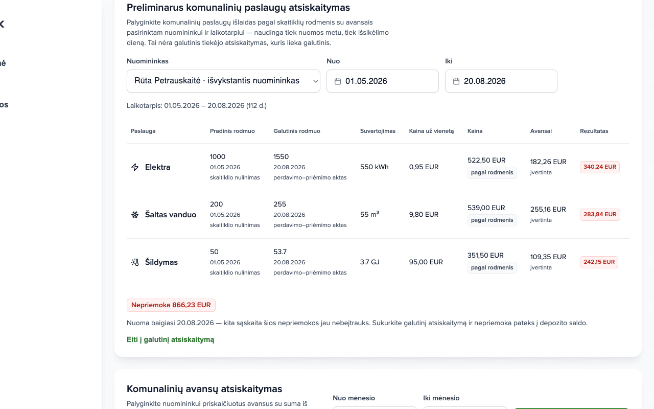 Skydelis Preliminarus paslaugų atsiskaitymas: trys paslaugos su rodmenimis, savikaina ir avansais, rezultatas Nepriemoka 866,23 EUR ir nuoroda į galutinį atsiskaitymą