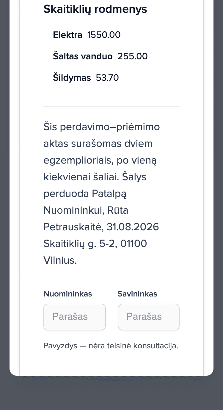 Perdavimo aktas telefone: skiltis Skaitiklių rodmenys (elektra, šaltas vanduo, šildymas) ir tušti nuomininko bei savininko parašo laukai