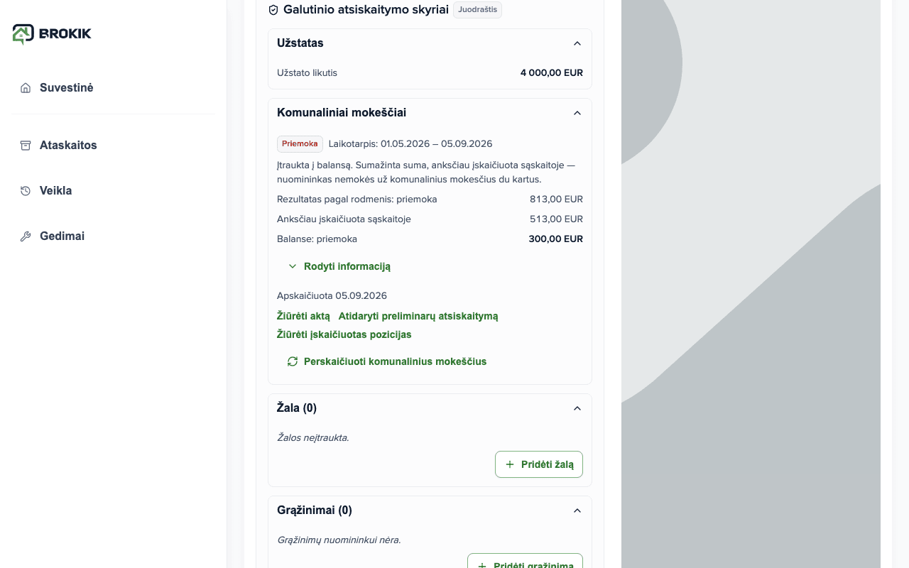 Skiltis Paslaugos galutiniame atsiskaityme: Nepriemoka, rezultatas iš rodmenų 813,00 EUR, anksčiau pridėta sąskaitoje 513,00 EUR, likutyje nepriemoka 300,00 EUR