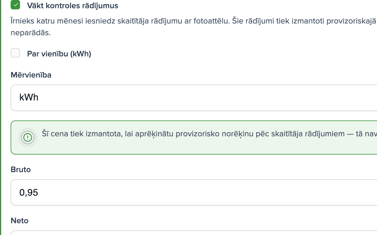 Pakalpojuma Elektrība iestatījumi: ieslēgti kontrolrādījumi, vienība kWh, cena 0,95 EUR bruto par kWh