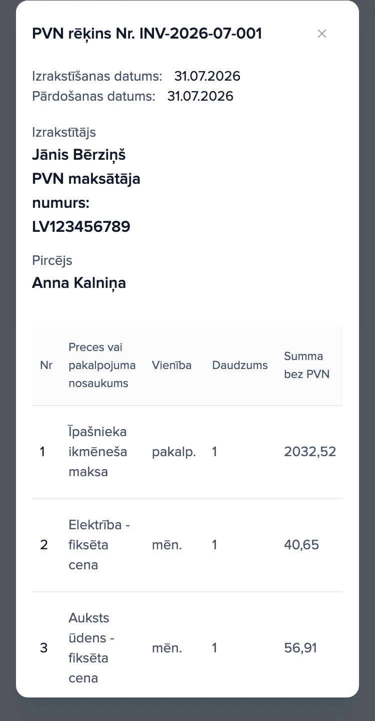 Īrnieka rēķins ar pozīcijām: īres maksa un avanss par elektrību