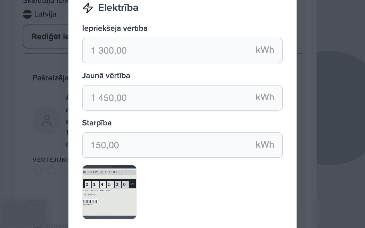 Rādījuma apstiprināšanas dialogs: iepriekšējā vērtība 1300 kWh, jauna 1450 kWh, starpība 150 kWh, skaitītāja fotoattēla sīktēls