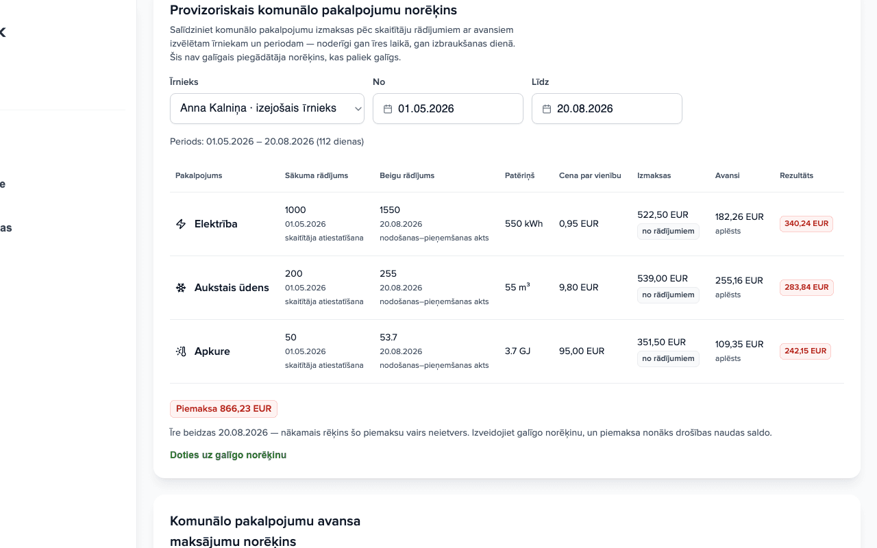 Panelis Provizoriskais pakalpojumu norēķins: trīs pakalpojumi ar rādījumiem, izmaksām un avansiem, rezultāts Piemaksa 866,23 EUR un saite uz galīgo norēķinu