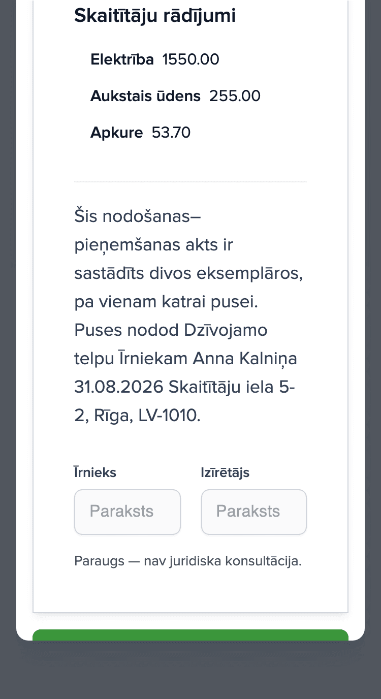 Nodošanas akts telefonā: sadaļa Skaitītāju rādījumi (elektrība, aukstais ūdens, apkure) un tukši īrnieka un īpašnieka paraksta lauki